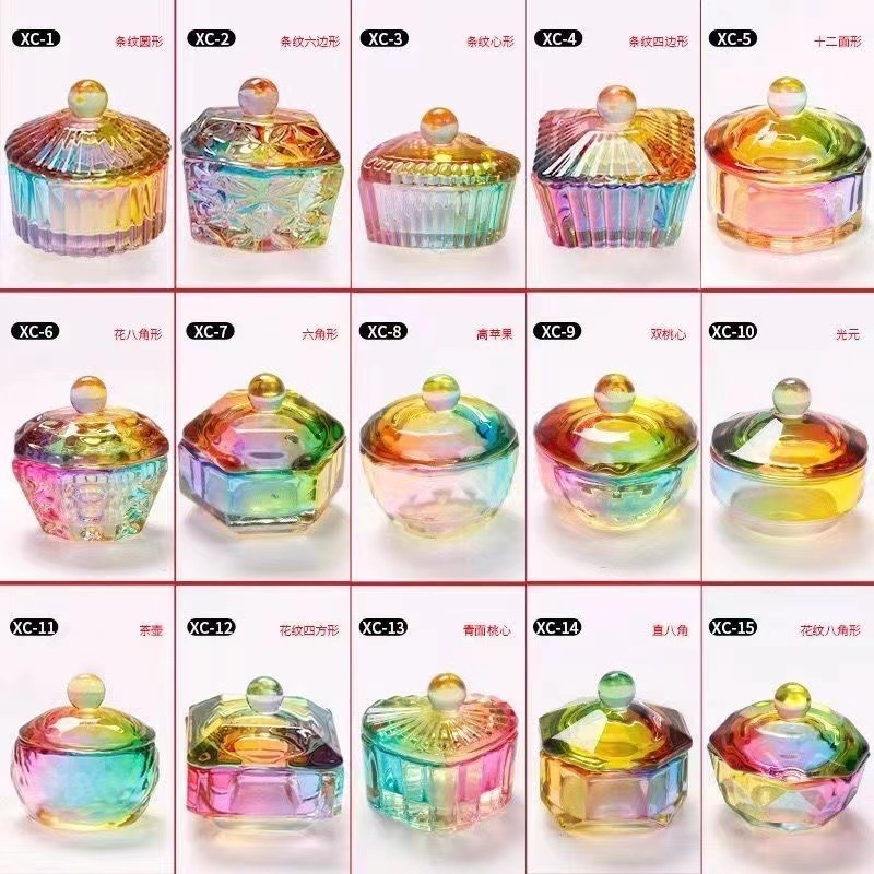Vaso de Cristal para Manicura con Tapa Cristal Blanco Aurora Multicolor para Salón de Uñas
