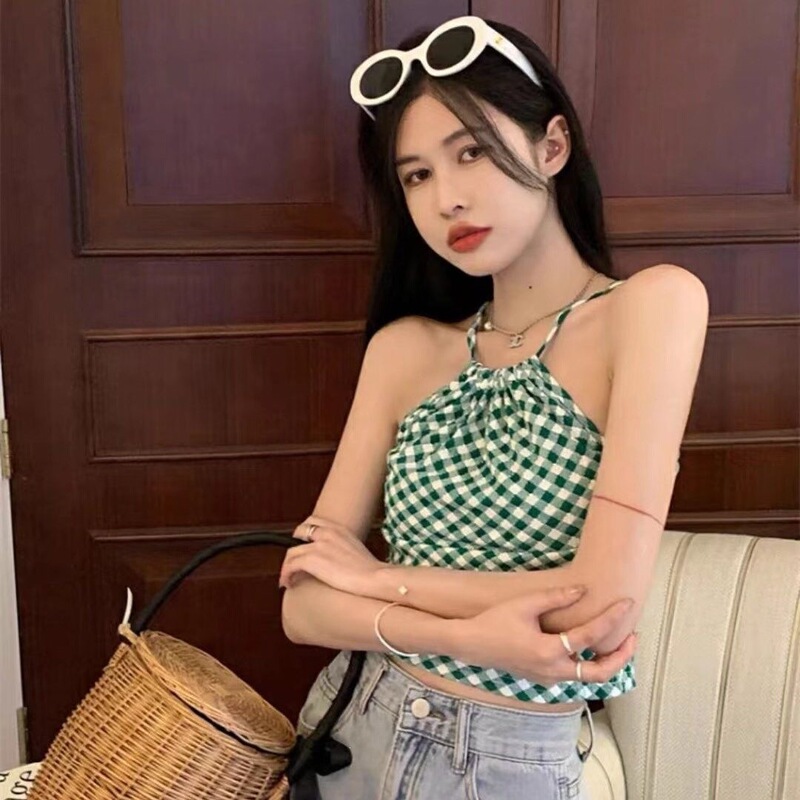 Sexy Backless Halter Neck Cut-Out Shoulder Camisole for Women, Summer Design, Niche Plaid Outerwear Top Sexy Backless Halter Neck Cut-Out Shoulder Camisole for Women, Summer Design, Niche Plaid Outerwear Top