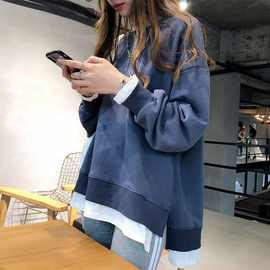 宽松韩版拼接假两件长袖春秋季加绒加厚休闲卫衣女学生个性上衣潮