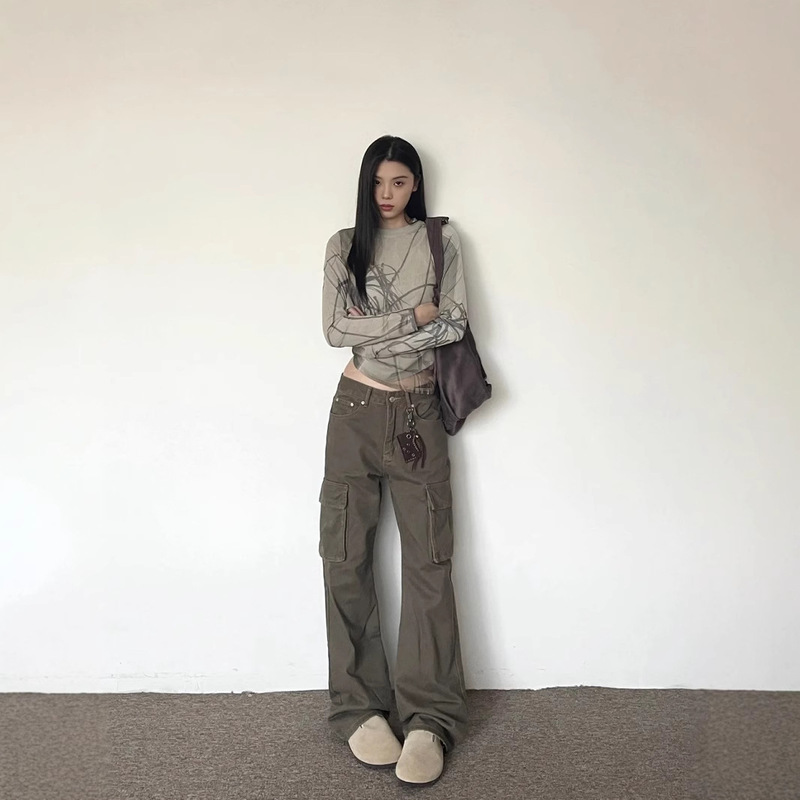 Autumn and Winter New American Style Retro Street Brown Maillard Pocket Micro Wide Leg Casual Workwear Jeans for Men and Women