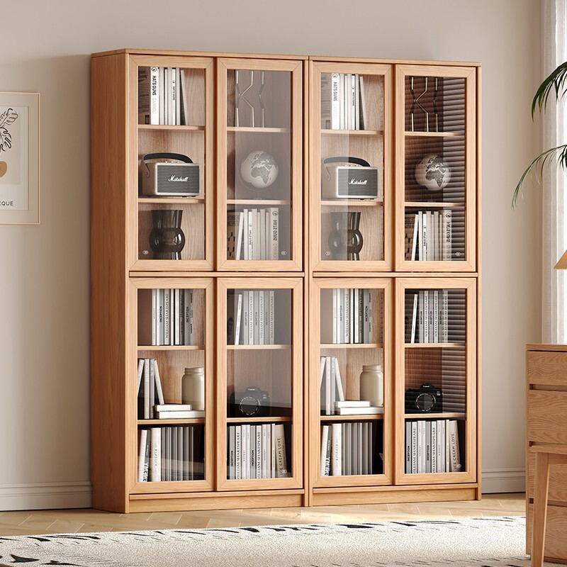 Solid Wood Oak Bookcase Sliding Door with Glass Shelf Simple Modern Home Bedroom Study Bookshelf