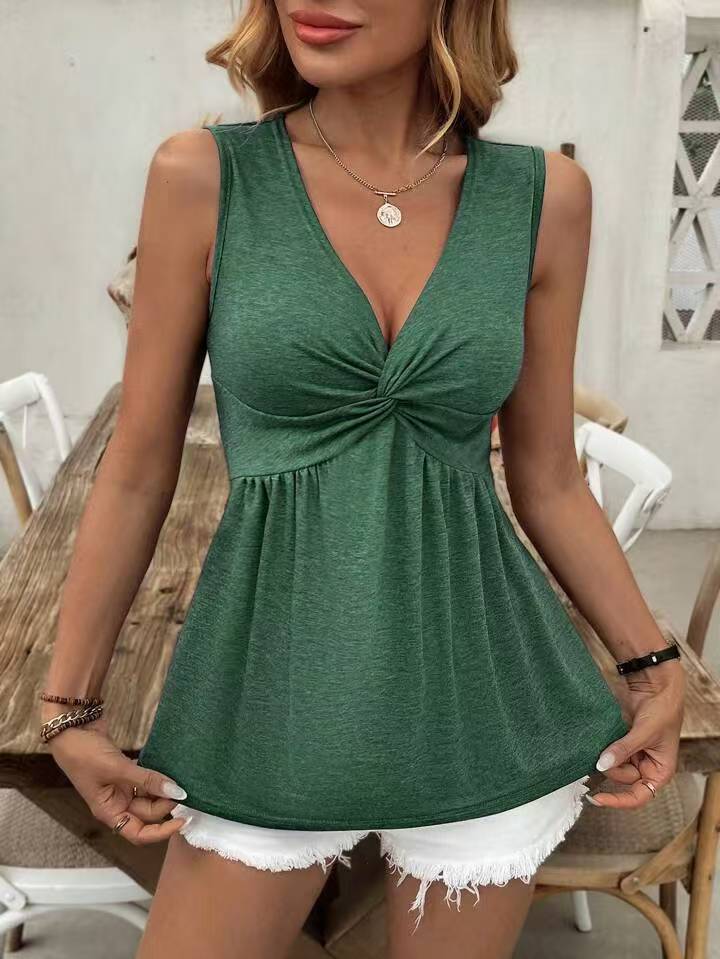Women's Sleeveless V-Neck Vest T-Shirt With Twisted Pleats Waist Cinching Summer Fashion Tank Top_ecoleips.com
