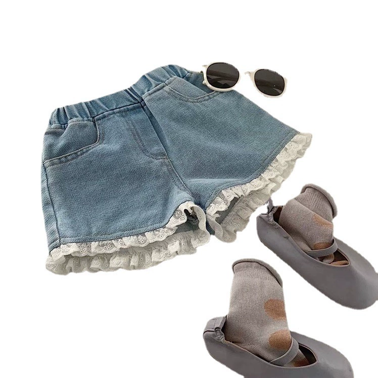 Denim lace‑trim shorts for girls, Korean style summer skirt‑shorts, elastic waist, sizes 100–160 cm