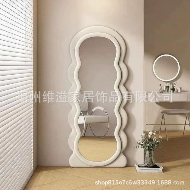 Amazon Wayfair Cross-border E-commerce Irregular Fleece Cloth Full-body Mirror Cream Style Handmade Solid Wood Frame