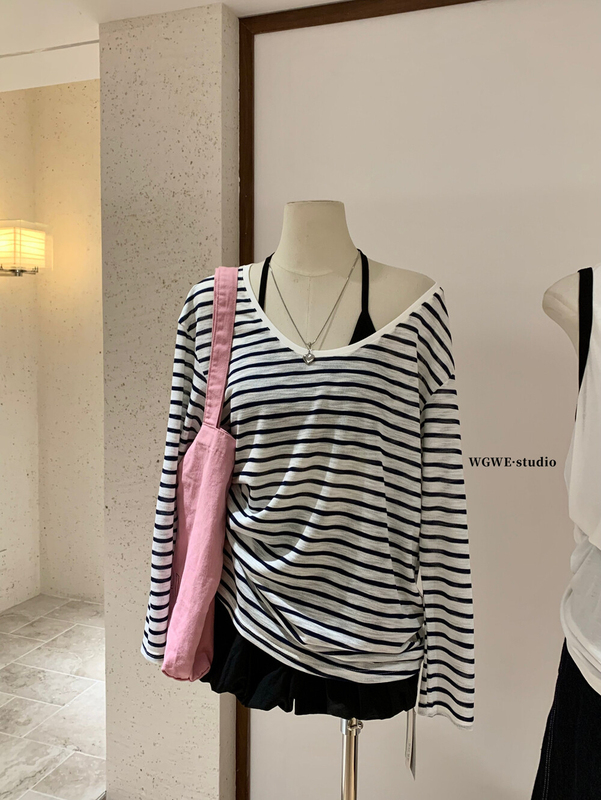 WGWE夏季女时尚休闲条纹薄款宽松长袖罩衫上衣背心两件套装W6599|undefined