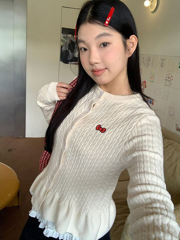 温柔风麻花针织开衫女春秋韩系穿搭毛衣外套修身收腰裙摆短款上衣|undefined