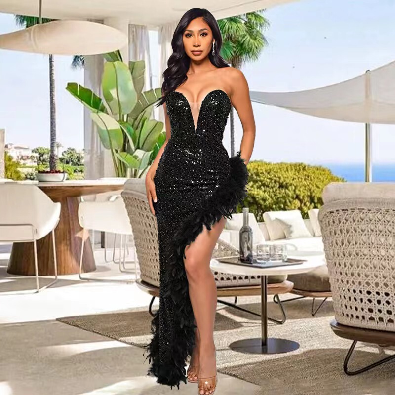 European and American Women's New Fashion Style Tube Top Sequined Feather Dress Amazon French Style Dress High-End Elegant Long Dress European and American Women's New Fashion Style Tube Top Sequined Feather Dress Amazon French Style Dress High-End Elegant Long Dress