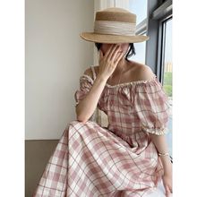[福利款 不退换】那末  复古减龄格子连衣裙女蕾丝一字领长裙6081