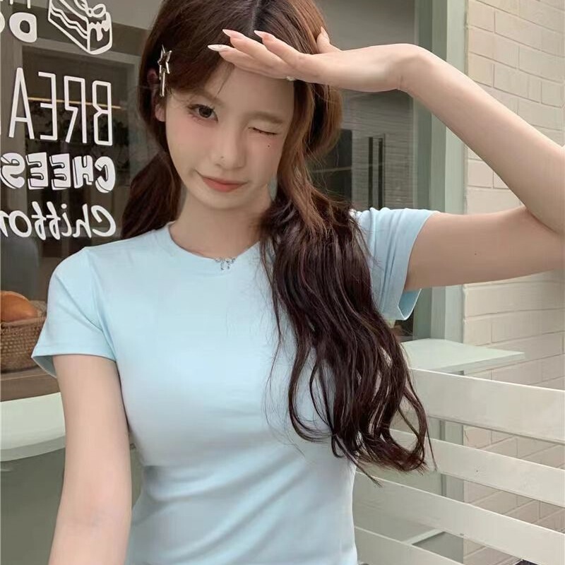 [40 Count 92 Cotton 8 Spandex] Pure Cotton Round Neck Right Shoulder Short T-Shirt Women's Short-Sleeved Summer Slimming Look New Style Slim Fit