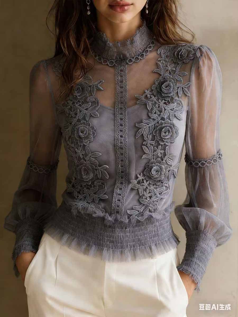 Damen T-shirt Mit Spitzenapplikationen Aus Dreidimensionalem Netz_voghion.com