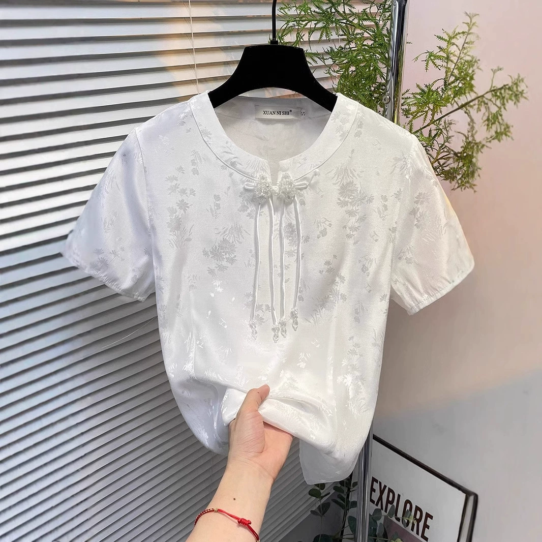 Новая готовая летняя рубашка в китайском стиле с короткими рукавами, ацетатная жаккардовая рубашка с дисками и пуговицами, легкая рубашка в национальном стиле, топ, женская рубашка