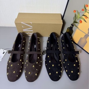 ZA Spain 2025 Summer New Arrival Women's Flat Shoes with Round Head Rivet Black Brown Suede Ballet Leather