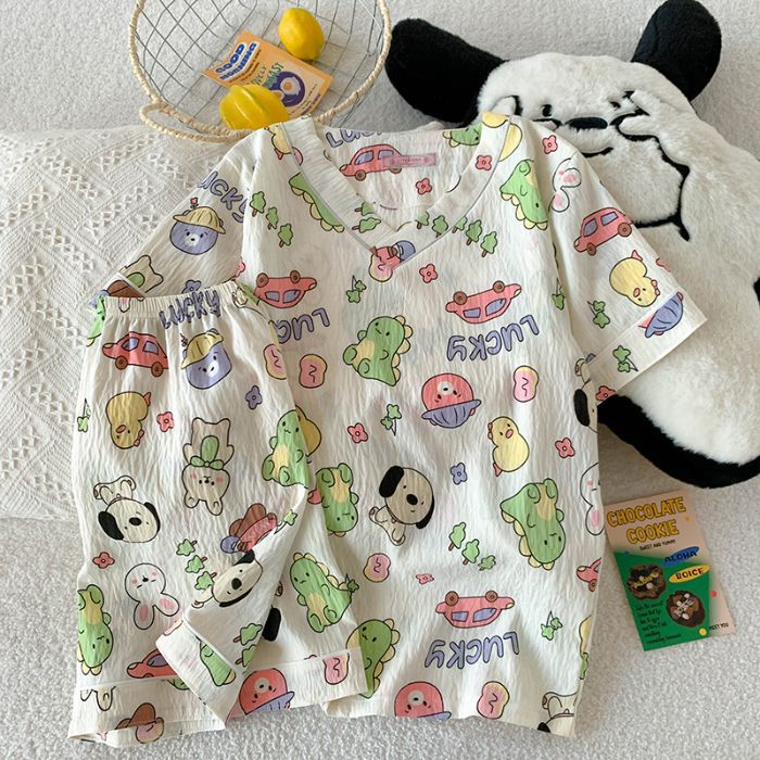 Vietnam transfronterizo al por mayor verano nuevo pijama de algodón con nube con cuello en V pantalones cortos de manga corta para mujer traje de servicio a domicilio para estudiantes de dibujos animados