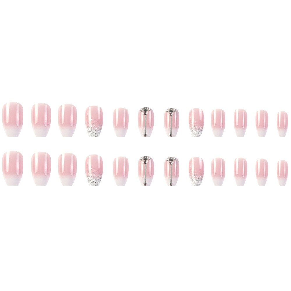Color rosa blanco color gradiente de plata brillante de diamante de manicura transfronteriza venta caliente suave ligera de lujo desgaste de uñas 24 piezas de parche de uñas falsas image 6