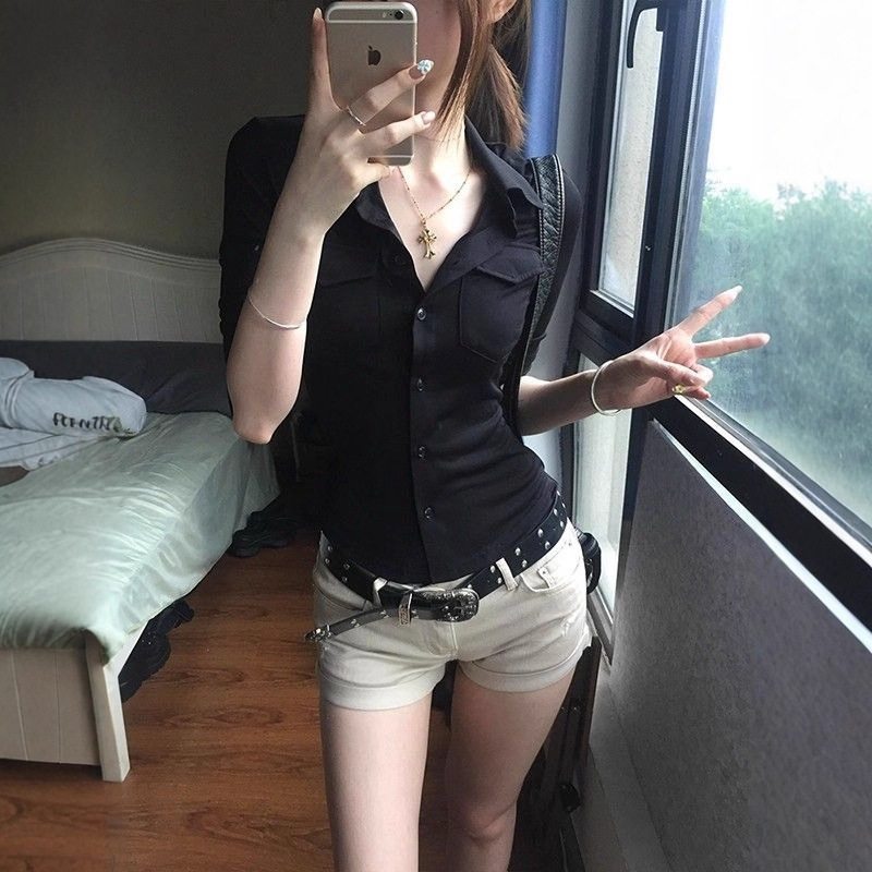 Hot Girl Black Slim Fit Polo Collar Three-Quarter Sleeve Shirt Women's Early Autumn Shirt Waist Design Elegant Top
