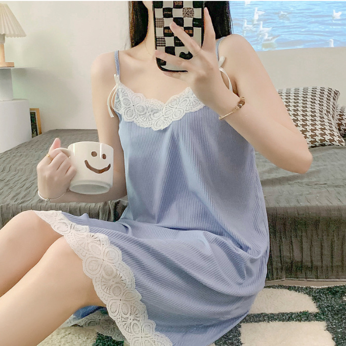 Comercio exterior al por mayor verano camisón chica leche hilo de seda tire marco fino pijamas estudiante encaje desgaste en el hogar