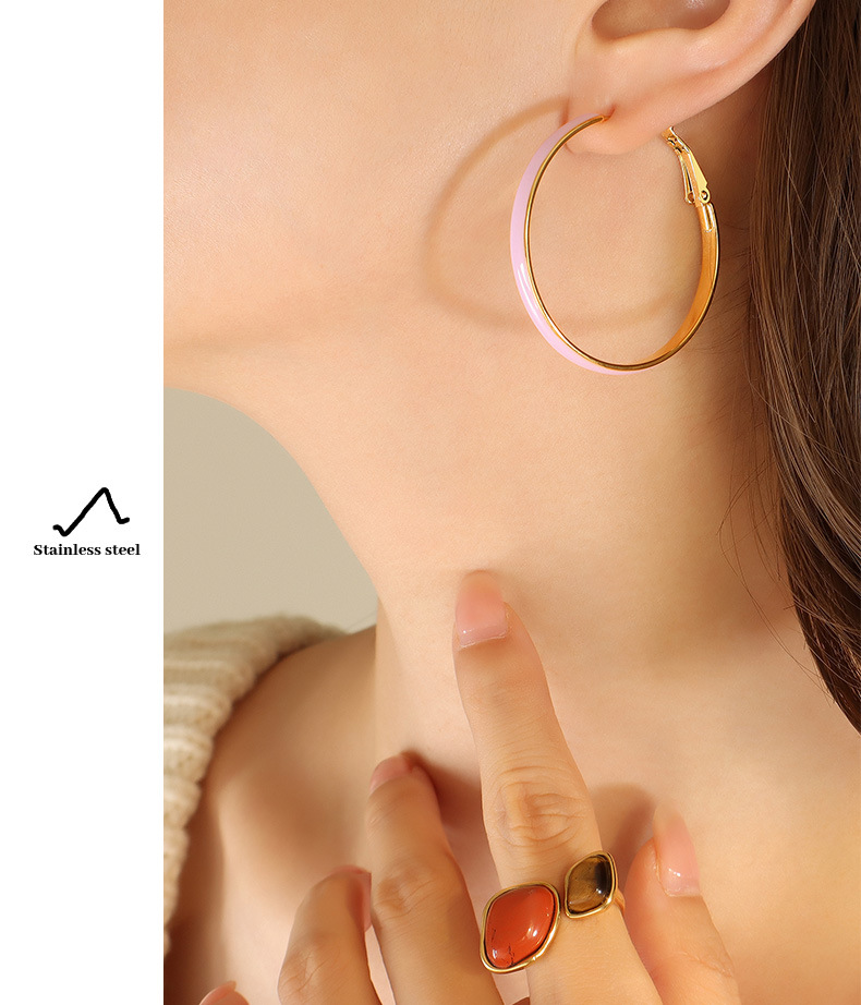 Fashion Circle Titanium Steel Enamel Hoop Earrings 1 Pair