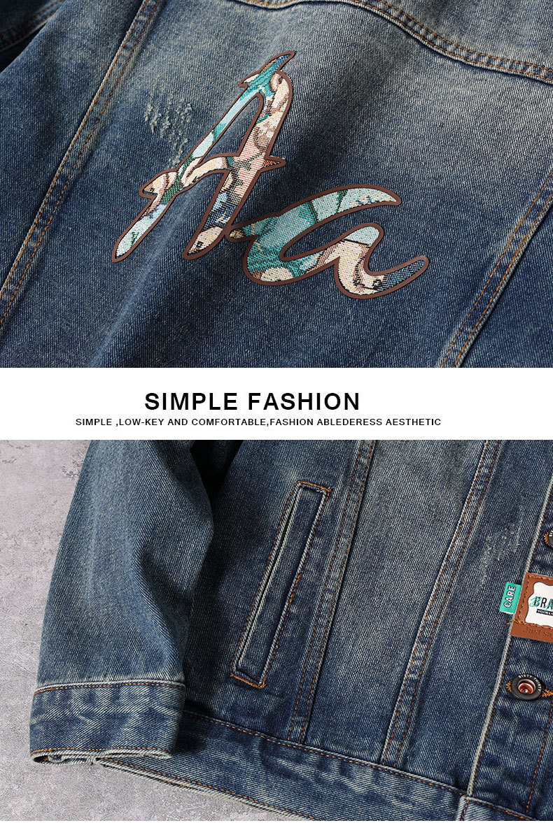 Herr denimjacka med broderi lös passform tvättad blå_voghion.com