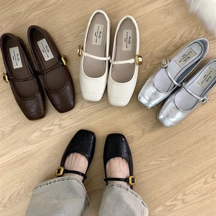 Korean Style Versatile One-Line Shoes, Silver Women's Shoes, Summer French Retro Mary Jane Shoes, Flat Shoes, Small Leather Shoes