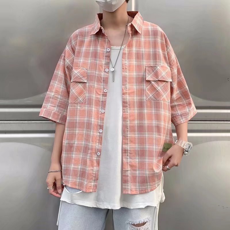 Salt Plaid Short-sleeved Shirt Men's Spring and Summer Lazy Fashionable Handsome Large Size Loose All-match Student Shirt