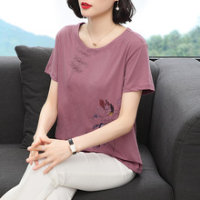 妈妈纯棉短袖t恤2023夏装新款大码宽松遮肚洋气中年妇女印花上衣