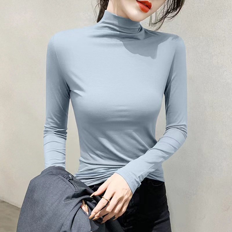 九色半高领打底衫女内搭春秋季长袖面膜衣舒适纯紧身T恤洋气百搭|undefined