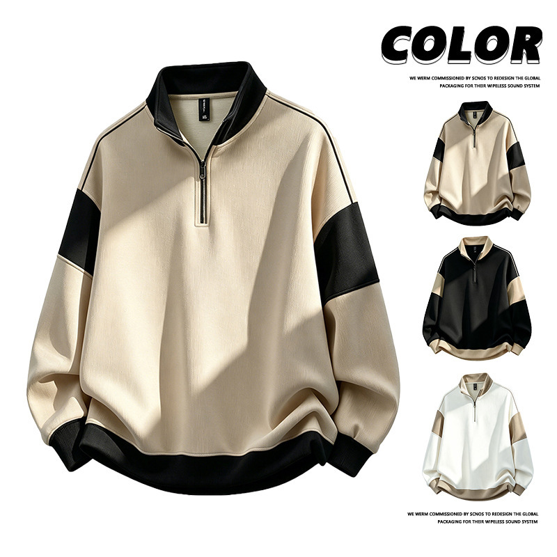 Men's new spring and autumn style sweatshirt with a half-zip collar, casual, loose fit, fashionable, comfortable, and featuring a color-block design