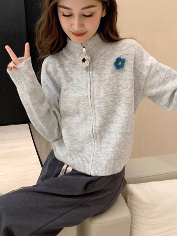 秋冬立体花朵灰色拉链半高领毛衣外套女百搭宽松短款针织开衫撞色|undefined