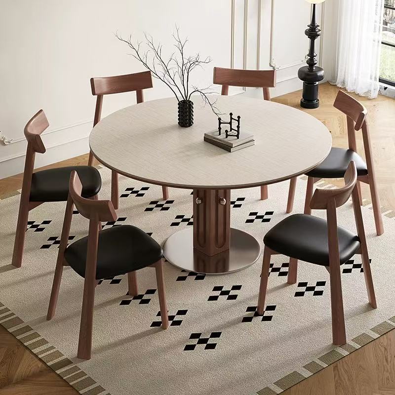 Mesa de tablero de roca de travertino de madera maciza retro francesa mesa de comedor de tablero de roca de lujo ligero para el hogar pequeño apartamento mesa de comedor de madera maciza redonda medieval