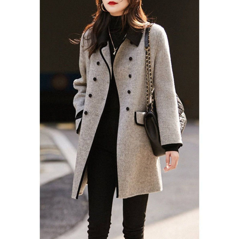 In stock 2023 autumn and winter New style crisp bone contrast color small lapel double-sided woolen coat casual all-match woolen top_voghion.com