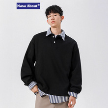NASA美式潮牌宽松重磅假两件卫衣春秋季男士休闲翻领条纹拼接上衣