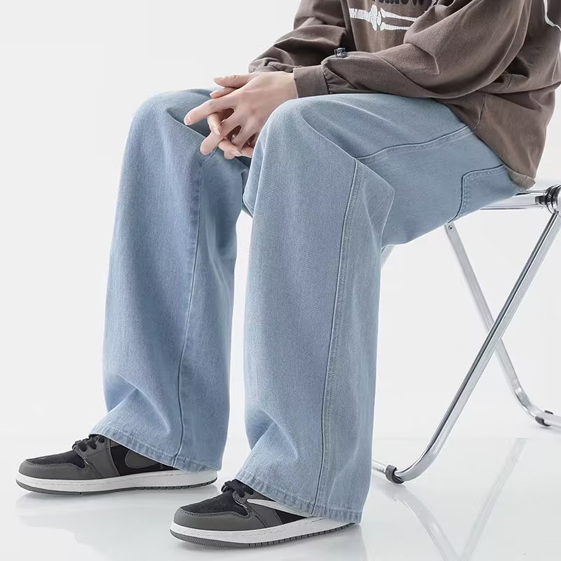 复古高街水洗做旧裤子宽松阔腿色简约休闲百搭牛仔裤子男潮长裤