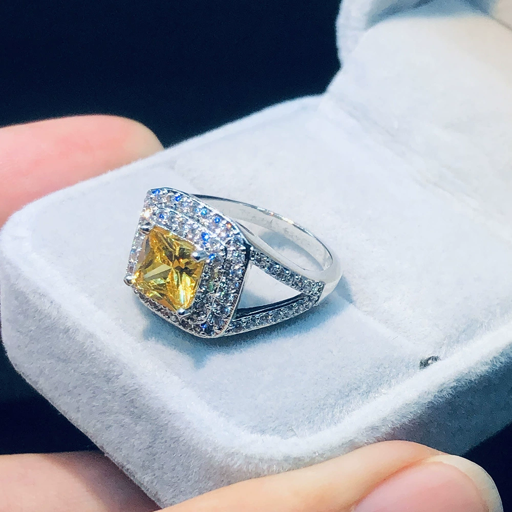 Жёлтое квадратное zirconia кольцо с камнем, аксессуар, европейский стиль, инкрустированный бриллиантом, микрокристаллизация, оптом