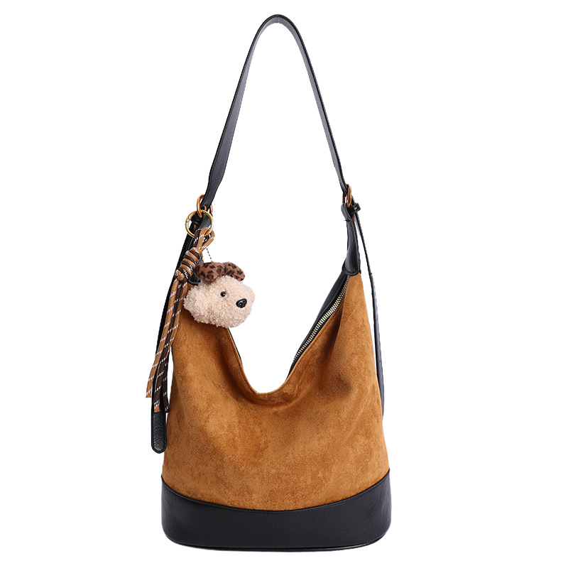 Invierno retro esmeriado bolso de balde de agua mujer 2025 nuevo estilo de alta calidad bolso de hombro de moda empalmado bolso de color contraste