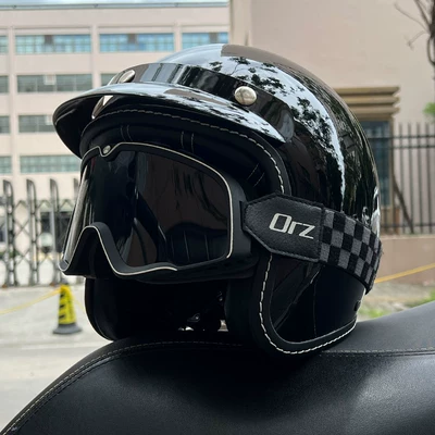 for All Seasons, Can Be Equipped with, Motosiklet kaskı (dəbilqə) - glossy-black-retro-black-tea-goggles-m