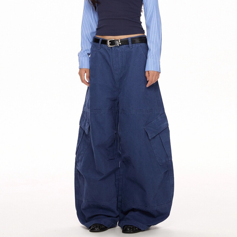 American-Style French Work Blue Three-Dimensional Cut Wide-Leg Scimitar Cargo Pants for Men and Women, Straight Loose Slimming Retro Casual Long Pants