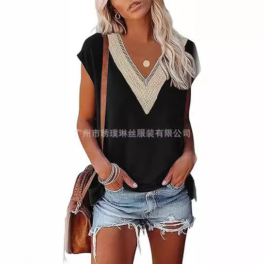 2024 European and American Amazon foreign trade spring and summer new women's golden lace V-neck loose short sleeve solid color T-shirt top