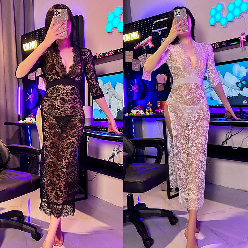 진야 섹시한 란제리 섹시한 레이스 원피스 뜨거운 유혹 사이드 슬릿 슬림 유니폼 파자마 여성 도매 322