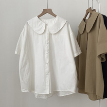 复古日式减龄娃娃领白衬衫女棉夏季新款韩版宽松上衣