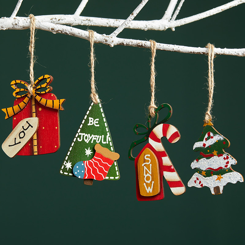 Buscando madera 7cm árbol de Navidad de madera pequeña bolsa de regalo colgante adorno de árbol de Navidad de escritorio mini colgante retro colgante colgante
