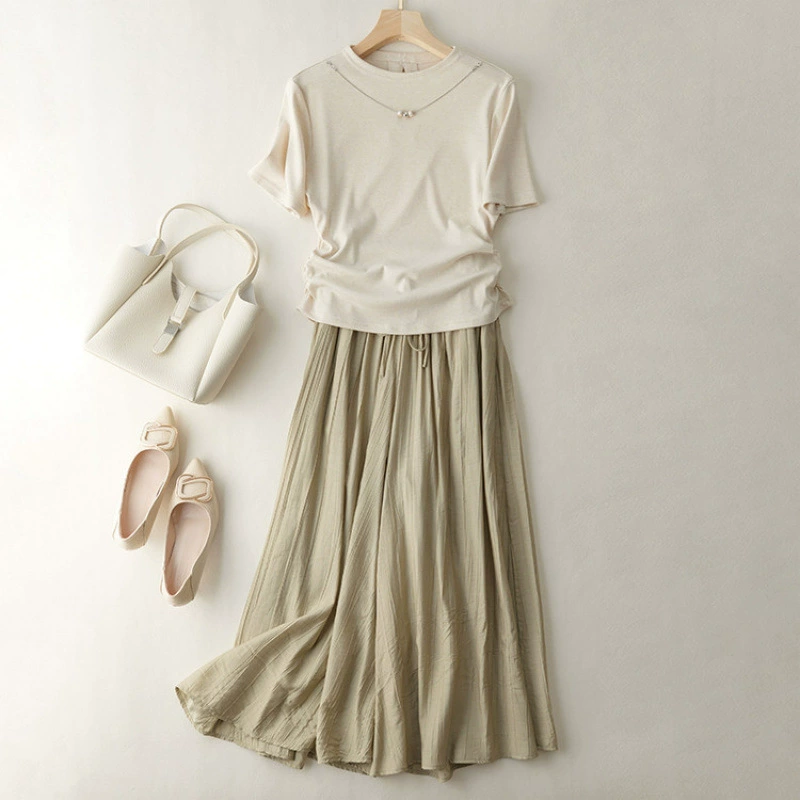 2025 суперпопулярный летний комплект одежды в корейском стиле, свободный, легкий, роскошный, высококачественный, для 40-летних, уменьшающий возраст, широкие брюки, комплект из двух предметов