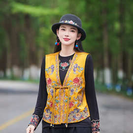 2026秋季新款人丝缎面V领小坎肩重工刺绣女士民族风盘扣马甲背心
