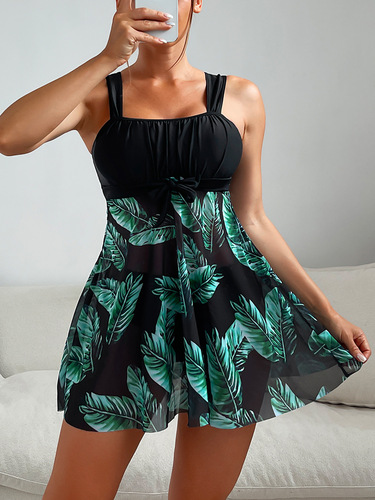 2025 Tropical Print Tankini Two-Piece Set, Pleated Strappy Swimsuit, Versatile European and American Style Sexy Mesh Swimsuit for Women