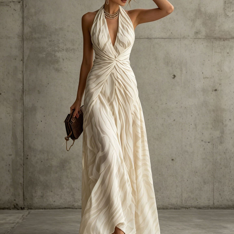 2026 European and American Style Cross-Border French Resort Style Halter Neck Pleated Long Dress Elegant Slimming Dress for Women New Summer Model