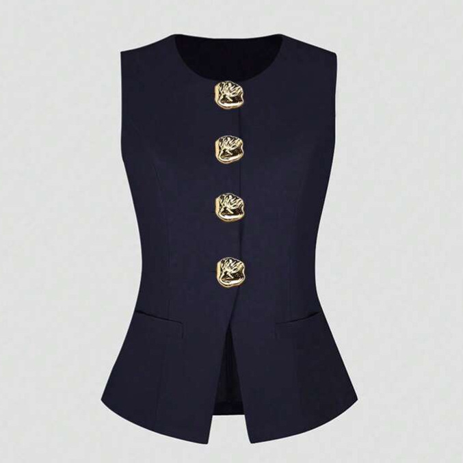 Tweed Style Women's Clothing 2025 New Sleeveless Round Neck Vest Fashionable Women's Clothing Elegant Waist Pure Color Cross-Border Women's Clothing
