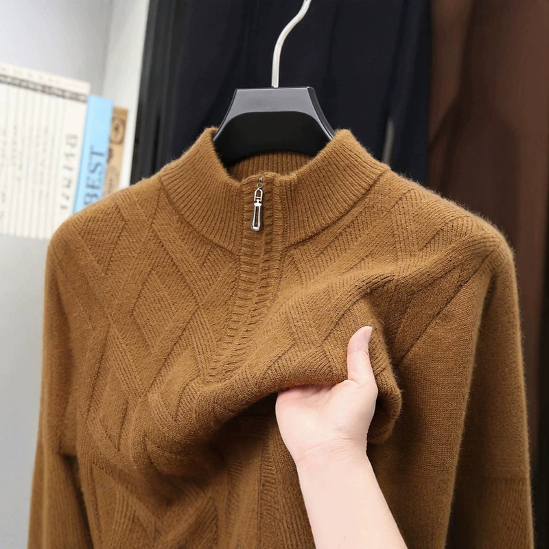 Men's Diamond Pattern Jacquard Half-Zip Stand Collar Sweater, Autumn/Winter Textured Cable Knit Business Versatile Long Sleeve Knit Top