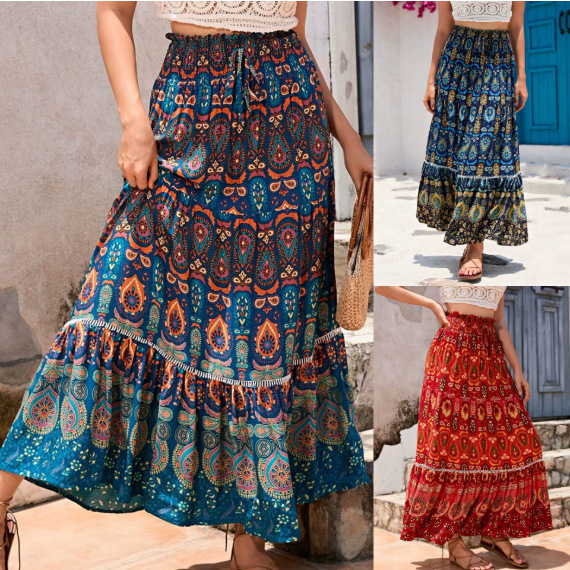 Foreign Trade Women's Ethnic Style Printed Skirt Bohemian Beach Skirt Cut Out Lace Stitching Long Skirt for Women