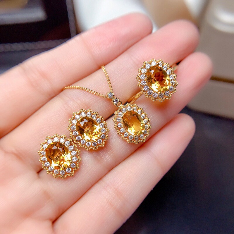 Internet Celebrous Live Daifa Caibao Supply Lucky Topaz Set Women's Group Set with Diamond Ring Pendant Earrings Necklace