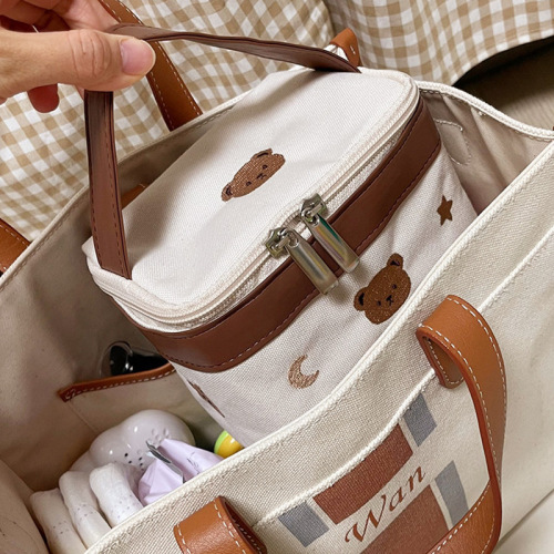 Ins style baby food insulation bag mommy bag embroidered bear children lunch bag portable picnic bag lunch box bag