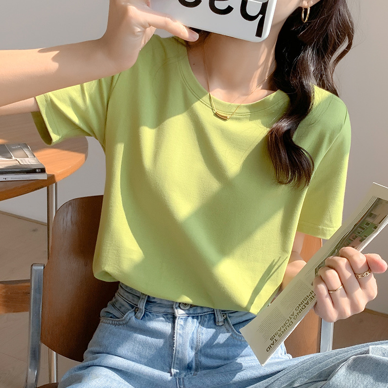 Summer Cotton Short-sleeved T-shirt Women's 2022 New Loose Korean Top Simple All-match Green Women's T-shirt Summer Cotton Short-sleeved T-shirt Women's 2022 New Loose Korean Top Simple All-match Green Women's T-shirt
